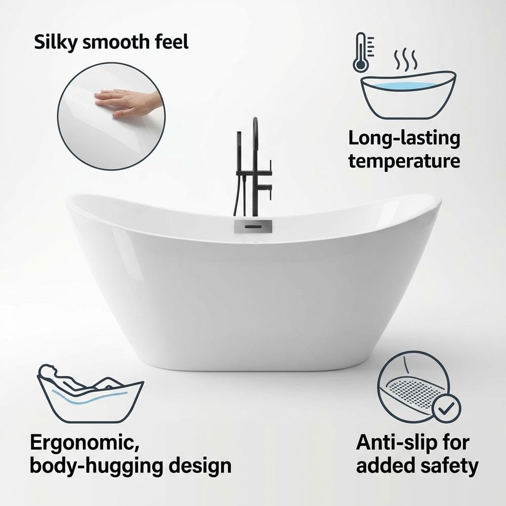 59" Acrylic Freestanding Bathtub with Chrome Drain Kit, Contemporary Square Soaking Tub with Overflow and Flexible PVC Drain Pipe, Double-Walled Insulation, CUPC Certified, Glossy White Finish
