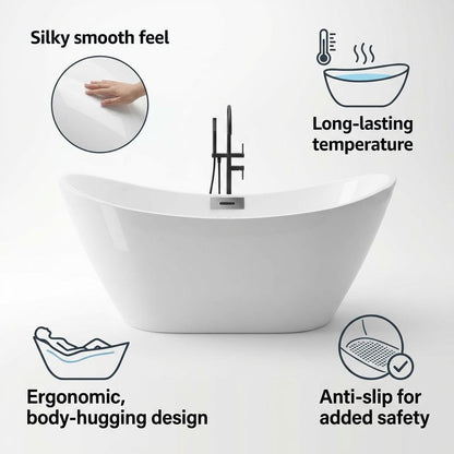 59" Acrylic Freestanding Bathtub with Chrome Drain Kit, Contemporary Square Soaking Tub with Overflow and Flexible PVC Drain Pipe, Double-Walled Insulation, CUPC Certified, Glossy White Finish