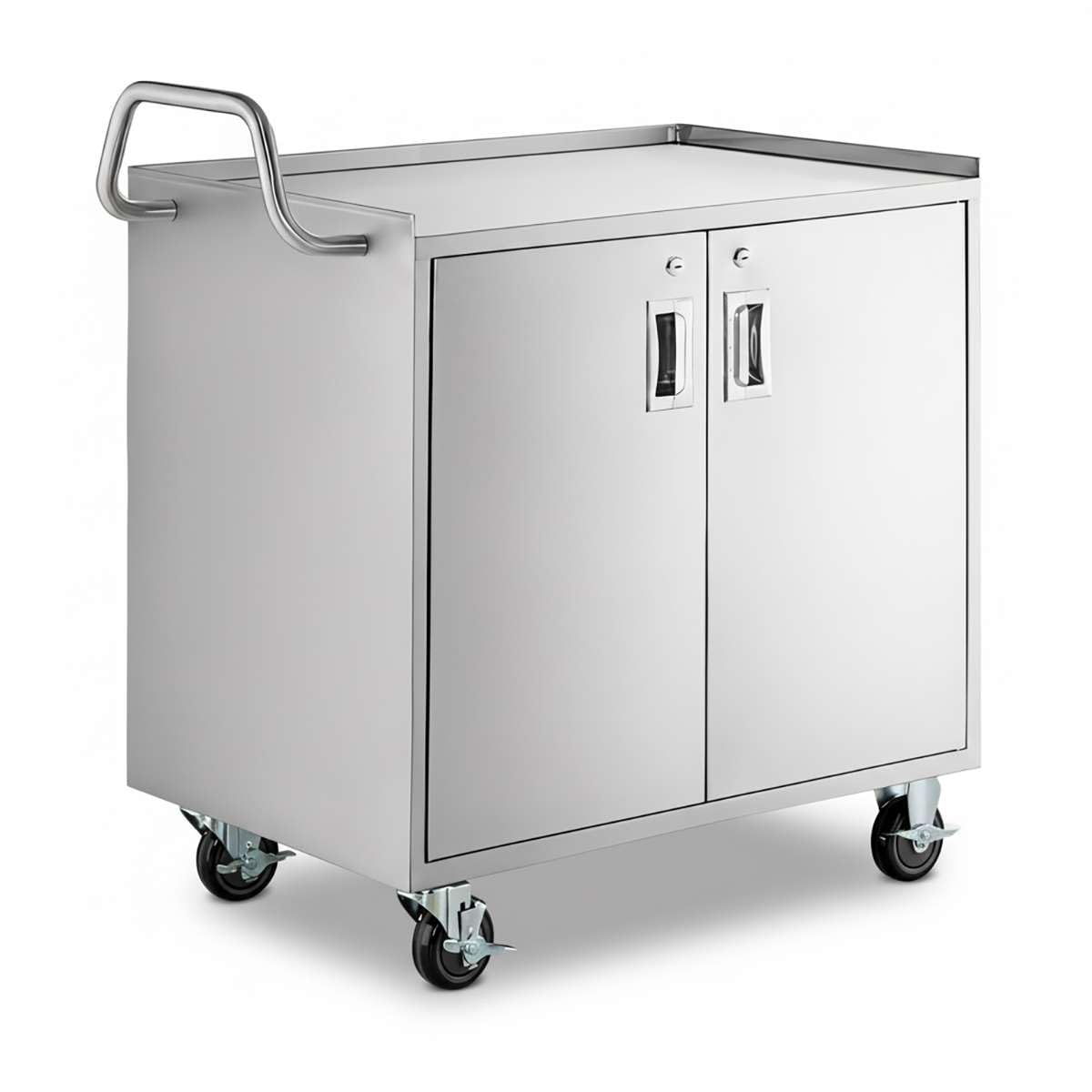 21" x 33" Commercial NSF Stainless Steel Utility Cart - 3 Shelf Enclosed Base with Locking Doors, Heavy-Duty Service Cart on Wheels for Kitchens and Catering