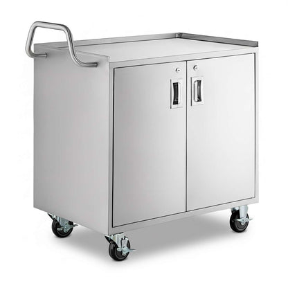 21" x 33" Commercial NSF Stainless Steel Utility Cart - 3 Shelf Enclosed Base with Locking Doors, Heavy-Duty Service Cart on Wheels for Kitchens and Catering