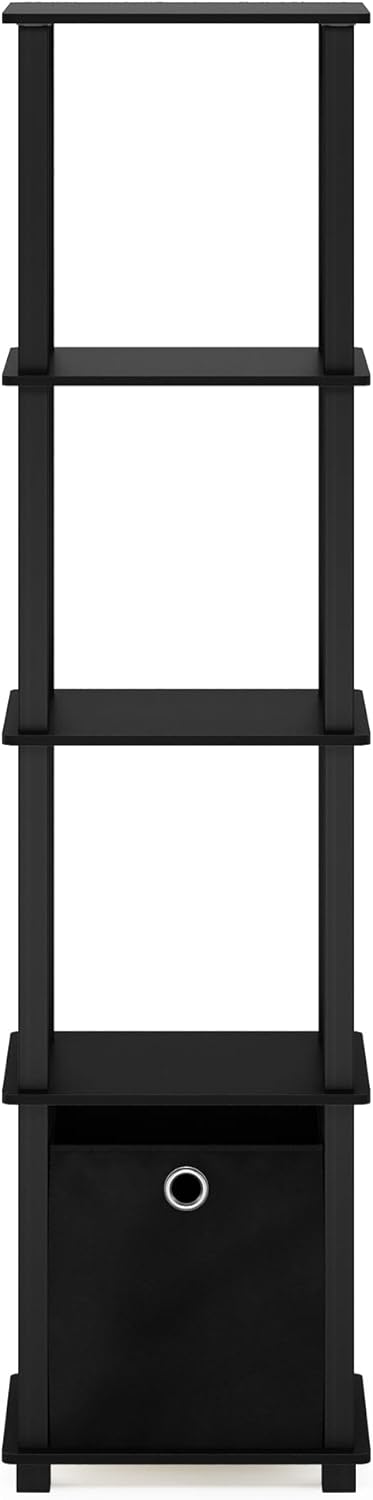 5-Tier FURINNO Black Decorative Shelf with Fabric Bin - Slim Design