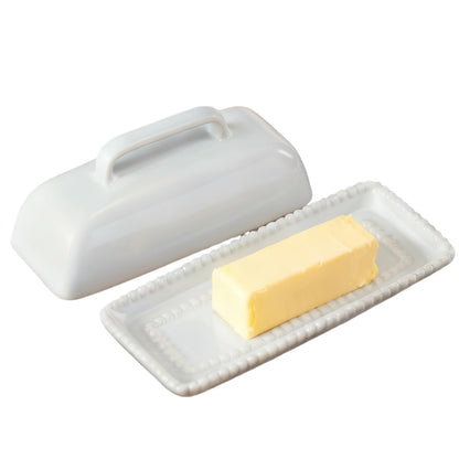 White Ceramic Butter Dish with Lid-Vintage Pearl Embossed Edge & Large Arc Handle-Keeps Butter Fresh on Countertop or in Fridge-Dishwasher & Microwave Safe