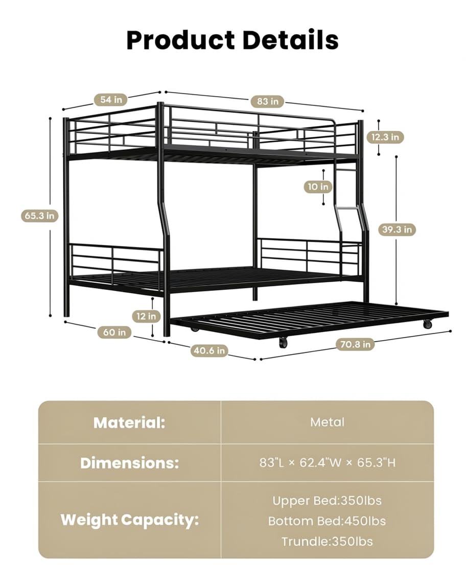 Miscoos Full XL Over Queen Bunk Bed with Trundle, Heavy-Duty Queen Bunk Bed with with Safety Ladder and Full-Length Guardrail, Convertible to 3 Beds for Teens and Adults, Black