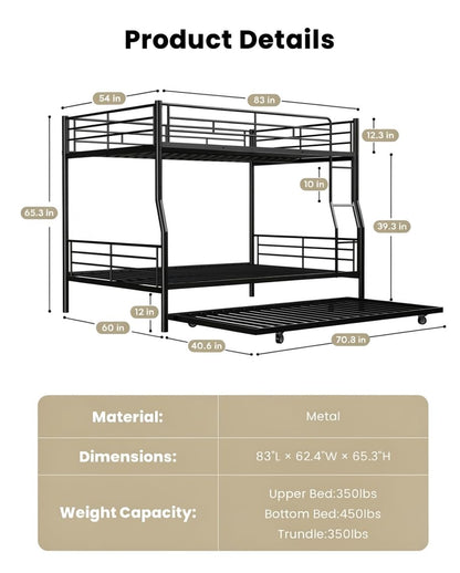 Miscoos Full XL Over Queen Bunk Bed with Trundle, Heavy-Duty Queen Bunk Bed with with Safety Ladder and Full-Length Guardrail, Convertible to 3 Beds for Teens and Adults, Black