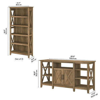 Bush Furniture Key West Tall TV Stand with Set of 2 Bookcases, Farmhouse Entertainment Center for 65 Inch Television, 17D x 60W x 66H, Reclaimed Pine