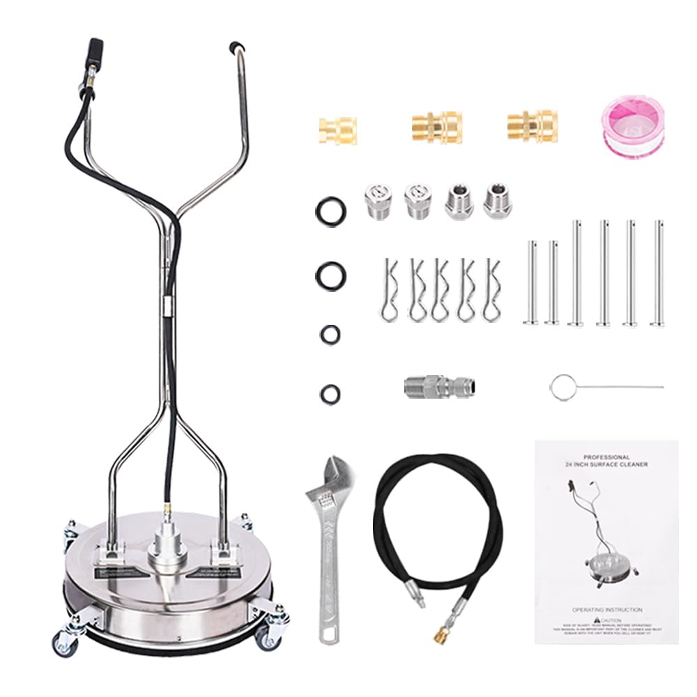 Stainless Steel Pressure Washer Surface Cleaner with 4 Wheels 1/4" Quick Connector 2 Extension Wand Attachments 4000PSI Ideal for Cleaning Driveways, Sidewalks, Decks