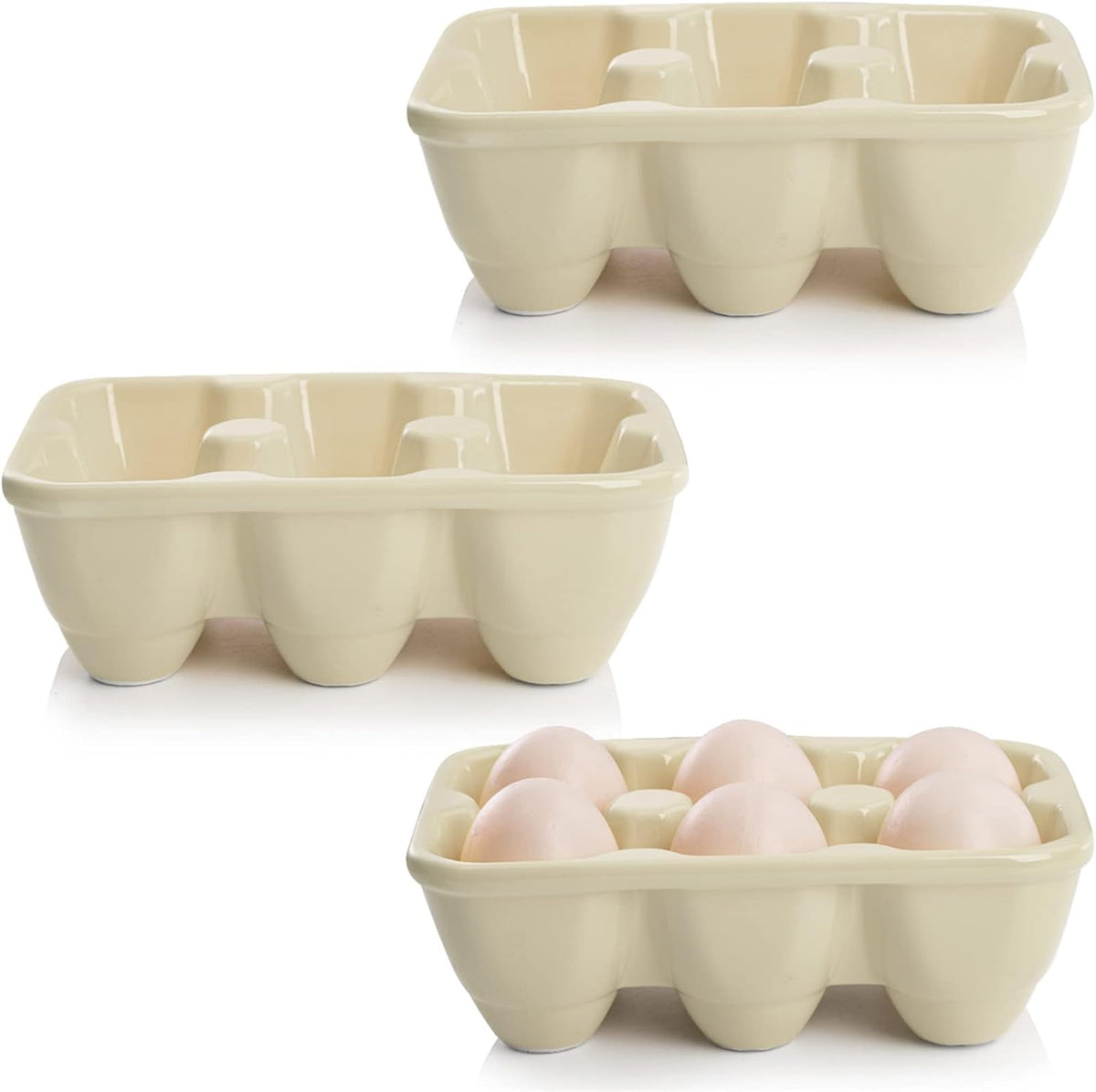DEAYOU 3-Pack 18 Cups Ceramic Egg Tray - 6-Cup Porcelain Egg Holder Container for Countertop, Fridge, Kitchen