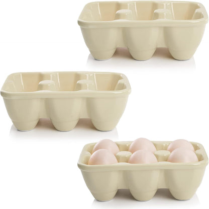 DEAYOU 3-Pack 18 Cups Ceramic Egg Tray - 6-Cup Porcelain Egg Holder Container for Countertop, Fridge, Kitchen