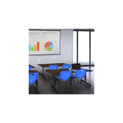 Regency Kobe 72 x 30 in. T-Base Training Seminar Table- Neo Walnut, 2 M Stack Chairs- Blue