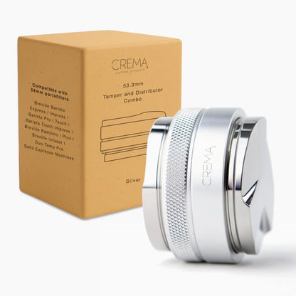 CREMA Coffee Products 53.3mm Hand Tamper & Coffee Distributor | Compatible with Breville Portafilters | Double-Sided, Adjustable Depth Tool | Made with Durable 304 Stainless Steel | Silver