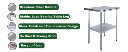 Express KitchQuip NSF Certified Heavy Duty Stainless Steel Prep Table with Galvanized Undershelf | 18" x 48" | Commercial & Home Kitchen Work Table