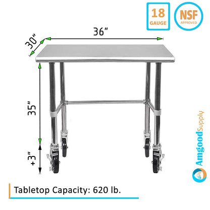 AmGood 30" X 36" Stainless Steel Work Table - with Open Base & Wheels | Food Prep | Utility Work Station | NSF Certified