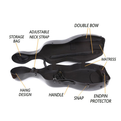 yinfente Carbon Fiber Cello Case 4/4 Full Size Hard Shell With Lock & Backpack Straps,Wheels 4.5 kg Lightweight Hard Case for Student Black