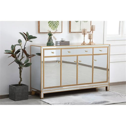 Pemberly Row Modern 60" Metal and MDF Mirrored Credenza, Gold Finish, 4 Doors, 3 Shelves, Rectangle Shape, Soft Closing Hand-Painted Storage Cabinet for Living Room, Dining Room, or Entryway Use
