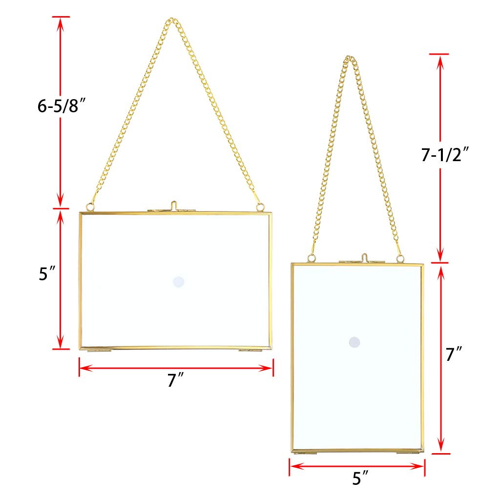 JUXYES Picture Frame, Set of 2 Brass Floater Frame, Golden Glass, 5 x 7 inches, Modern Art Design, Wall Hanging