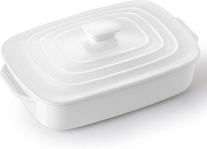 Large Ceramic Casserole Dish - 4.0 Quart Stoneware Baking Dish with Lid | 9x13 Inch Lasagna Pan in White