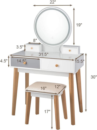 Vanity Set, Touch-Screen LED Round Mirror, Dressing Table with Cushioned Stool, 4 Storage Drawers &Spacious Desktop, 3 Adjustable Light Colors, Makeup Table and Stool Set for Women Girls, White + Gray