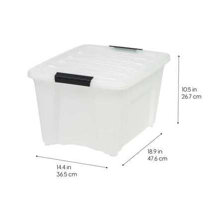 IRIS USA 32 Qt Stackable Plastic Storage Bins with Lids, 6 Pack - BPA-Free, Made in USA - Discreet Organizing Solution, Latches, Durable Nestable Containers, Secure Pull Handle - Pearl