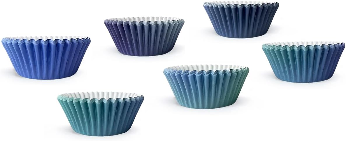 qiqee 300 Pcs Mini Gradient Cupcake Liners, 6 Designs Blue Gradient Baking Cups, Small Size Cupcake Wrappers
