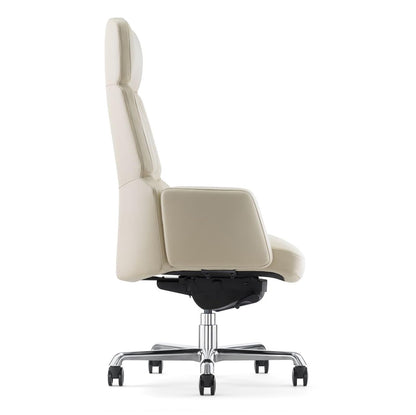 FURIJING Genuine Leather Office Desk Chair with High Back Aluminum Swivel Base Ergonomic Synchro-Tilt Reclining Mechanism Real Leather Executive Chair-Light Beige