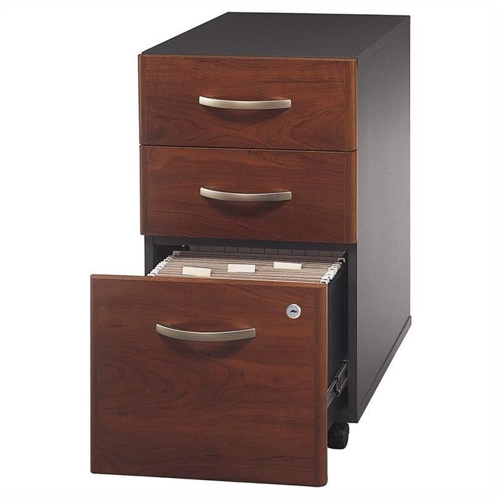 Scranton & Co 3-Drawer Mobile Pedestal Filing Cabinet, Hansen Cherry Finish, Locking Bottom Drawers, Ball-Bearing Slides, Fits Under Desk Shell, Office Storage Solution for Legal and Letter Files