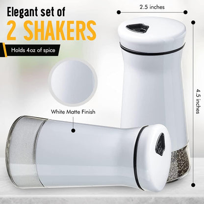 The Original Salt and Pepper Shakers Set - White Spice Dispenser with Adjustable Pour Holes, Stainless Steel & Glass,