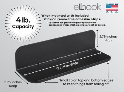 Made in USA Black Stick-On Removable Adhesive Floating Wall Shelf, Durable Textured ABS Plastic with Lipped Edges