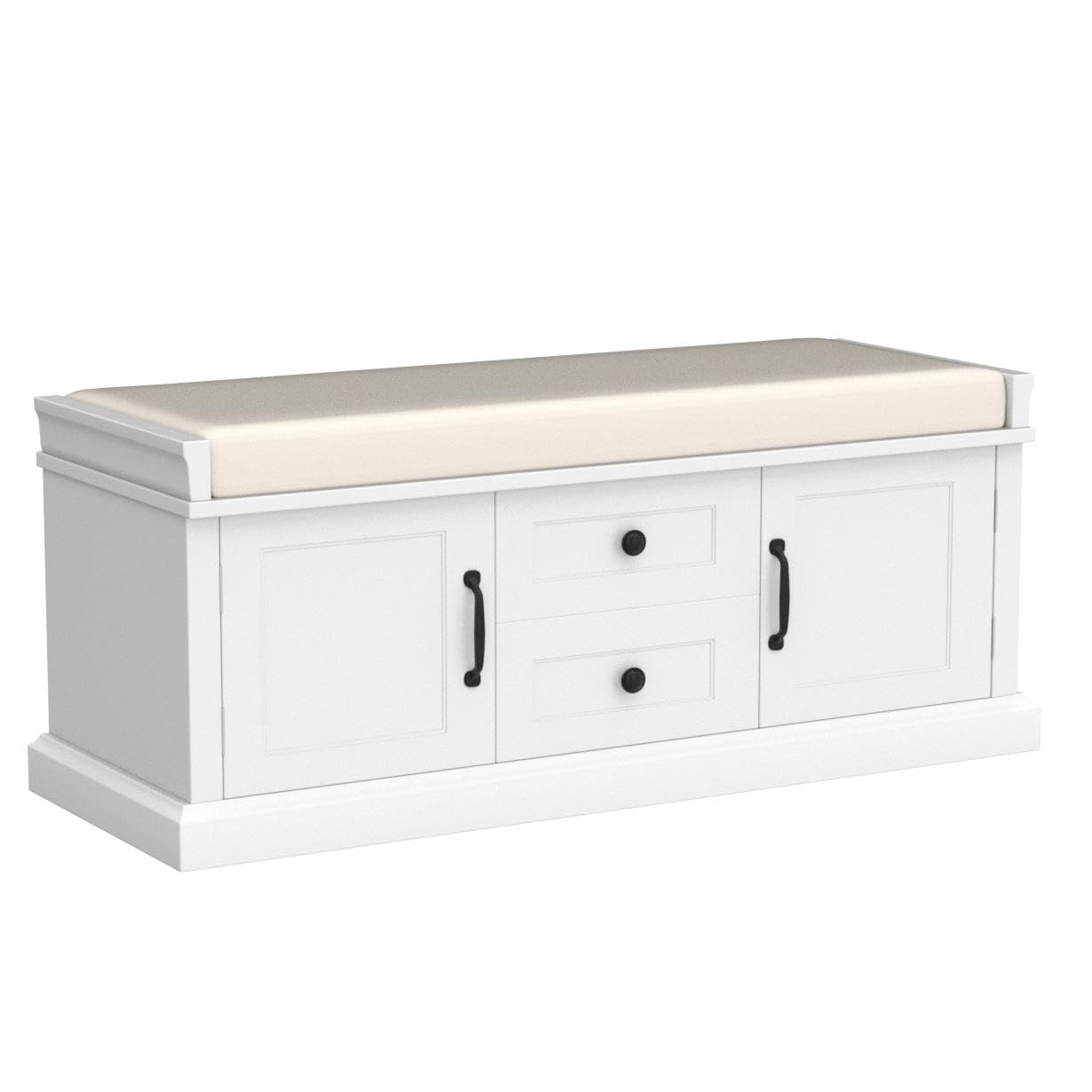 Merax Modern Wood Storage Bench with 2 Drawers and 2 Cabinets for Living Room Bed Room Entryway White