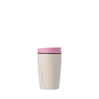Owala SmoothSip Slider Insulated Stainless Steel Coffee Tumbler, Reusable Iced Coffee Cup, Hot Coffee Travel Mug, BPA Free 12 oz, Pink/Tan (Daybreak)