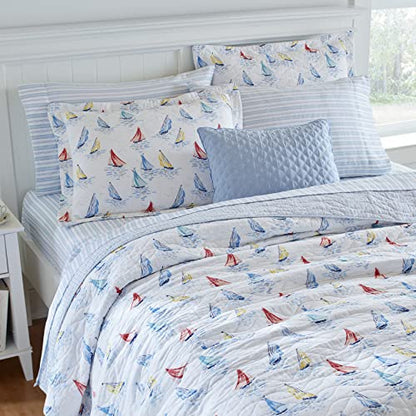Laura Ashley - Queen Quilt Set, Cotton Reversible Bedding with Matching Shams, Home Decor Ideal for All Seasons (Ahoy Blue, Queen)