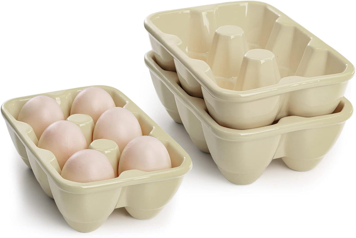 DEAYOU 3-Pack 18 Cups Ceramic Egg Tray - 6-Cup Porcelain Egg Holder Container for Countertop, Fridge, Kitchen