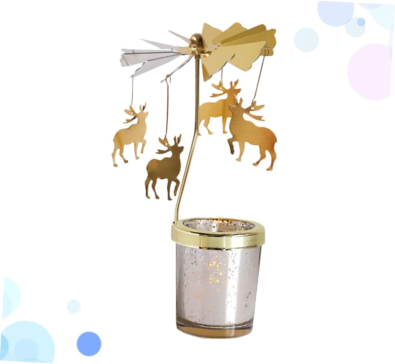 Rotating Candlestick Holder Christmas Carousel Spinning Deer Tea Light Table Decoration Gold