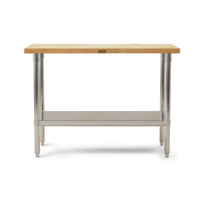 John Boos Maple Wood Top Work Table, 48”x24”x36” – 1.5” Thick Tabletop, 86-lb Kitchen Station with Wooden Edge-Grain Table & Steel Base, & Adjustable Shelf