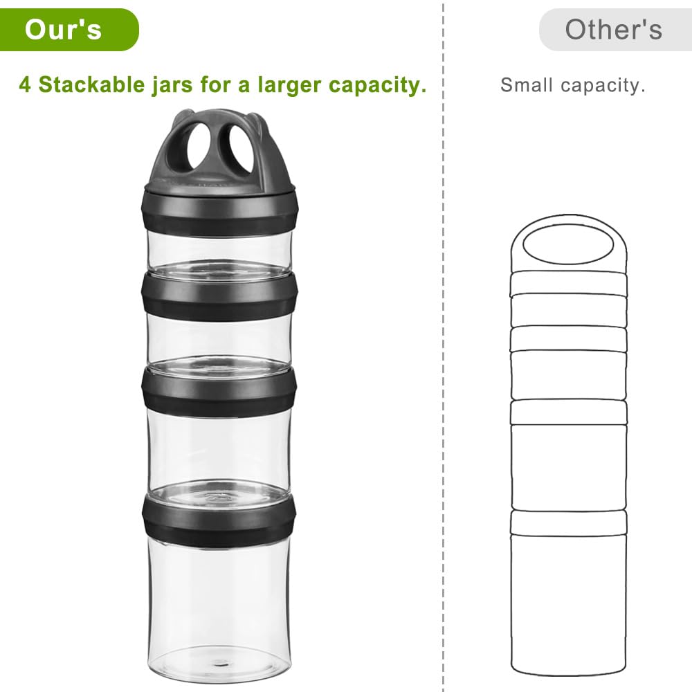 SELEWARE Portable Stackable Food Storage Containers for Snacks Formula Powder and Drinks Twist Lock System Airtight Leak-proof BPA and Phthalate Free 4 Piece Jars 31oz, Black