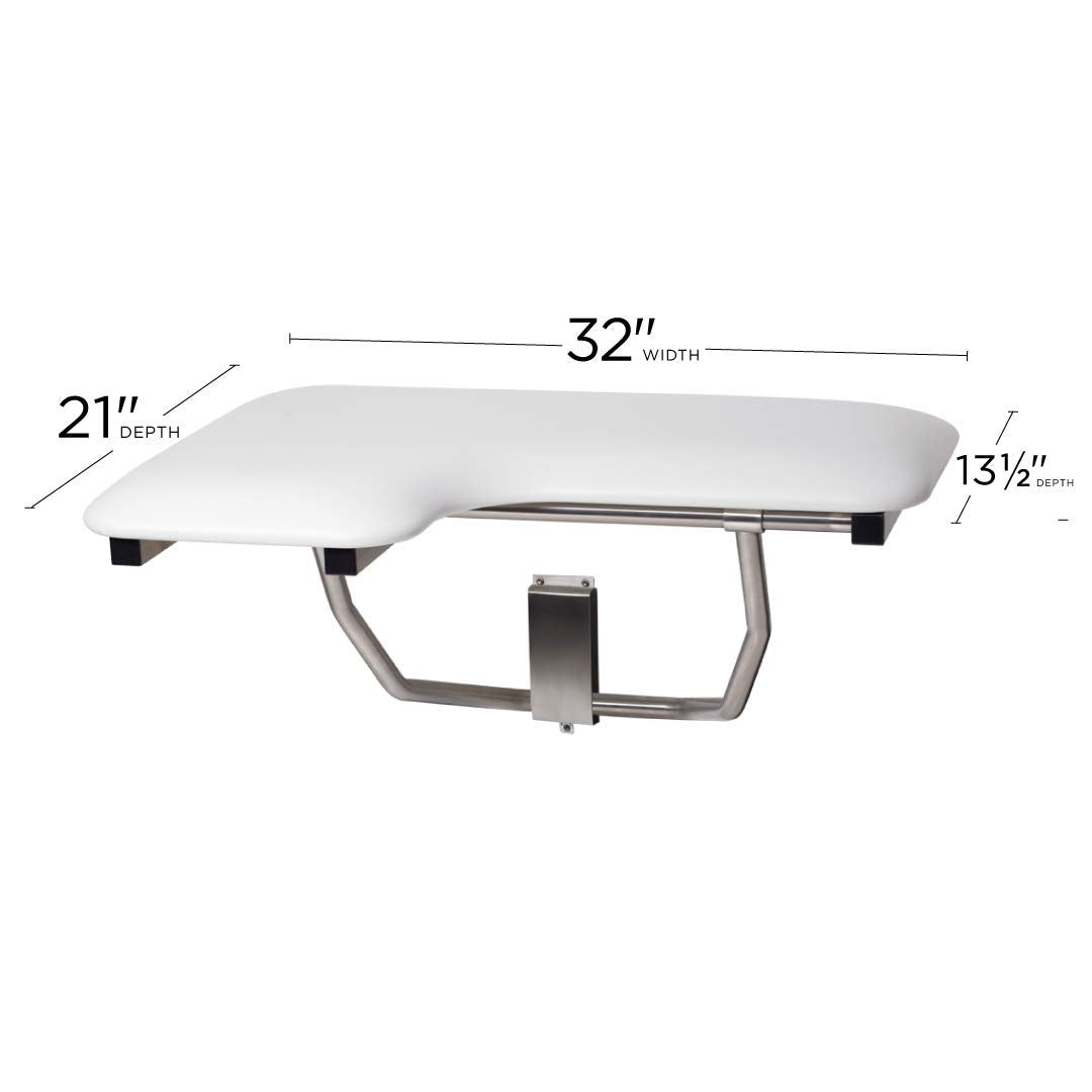 Seachrome Lift-Assist Shower Seat, L-Shaped Right-Hand, ADA, Wall Mount, Padded White Naugahyde