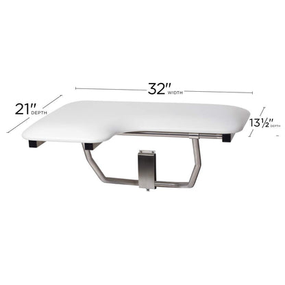 Seachrome Lift-Assist Shower Seat, L-Shaped Right-Hand, ADA, Wall Mount, Padded White Naugahyde