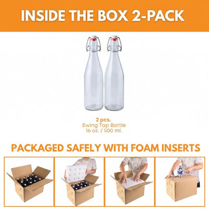 FastRack Swing Top Glass Bottles 16 oz (500ml) – 2 Pack | Clear Flip Top Bottles with Airtight Lids | Reusable Glass Containers for Olive Oil, Vinegar, Kombucha, Beer & Fermentation