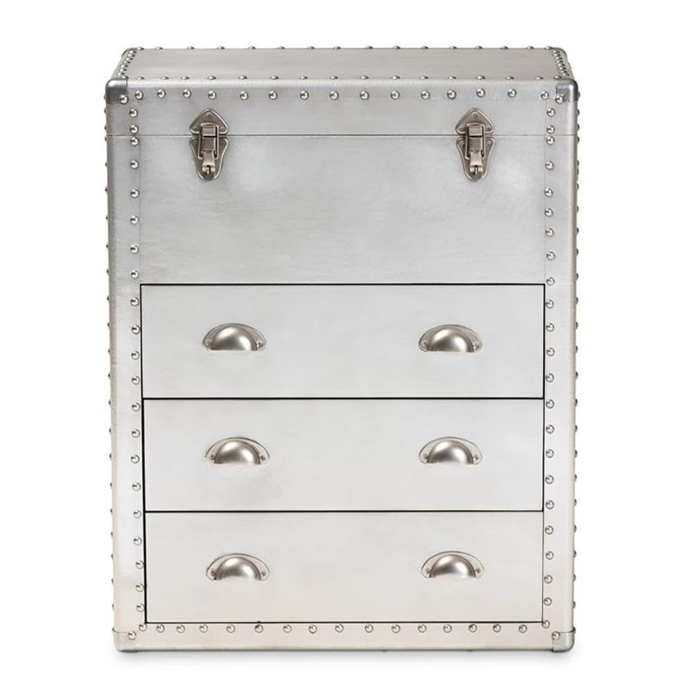 BOWERY HILL 3-Drawer Mid-Century Metal Accent Storage Chest, Silver Finish, Wood and Metal Construction, Vintage-Inspired Rivet Details, Lift-Top Compartment, Bedroom, Living Room, or Entryway Use