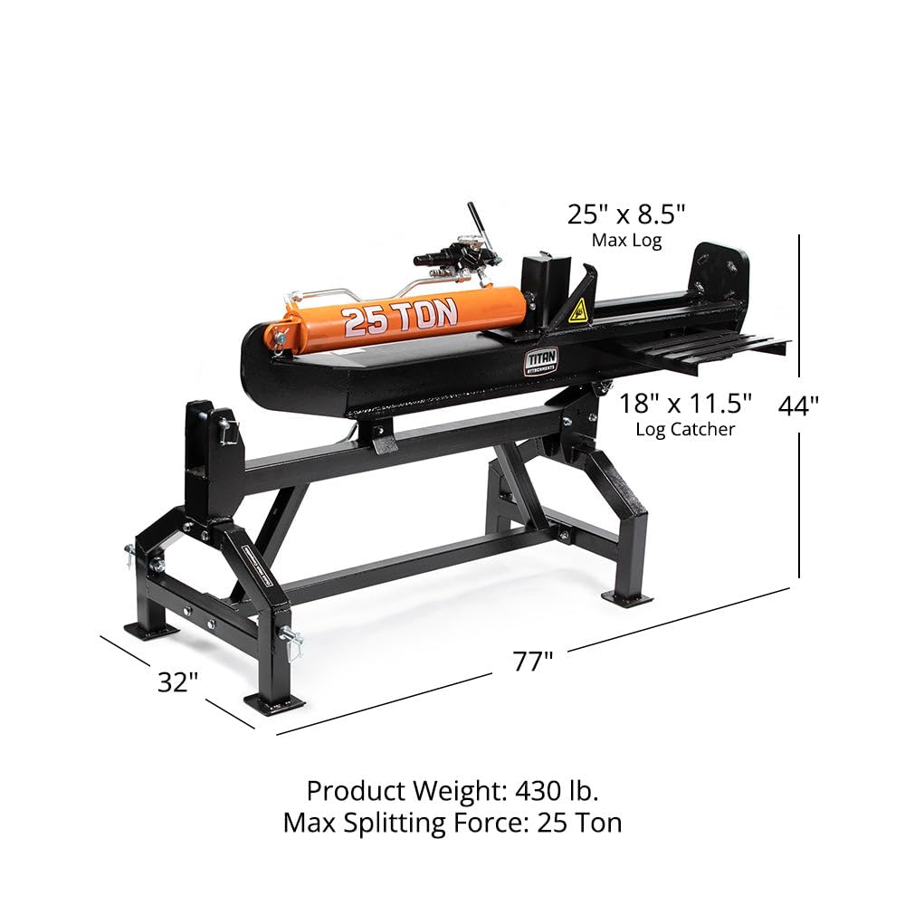 Titan Attachments 3 Point 25 Ton Hydraulic Log Splitter for Cat 1 Tractors, Horizontal & Vertical Wood Splitter, 2,500 PSI Max Pressure, Splits Logs up to 25" x 8.5", Auto Return Valve