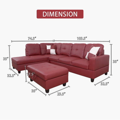 UOCFYK Red L-Shaped 3-Piece Faux Leather Sofa with Storage Ottoman Set, Sectional Couch Leather-Like Sofa Set for Living Room, Office, Small Space