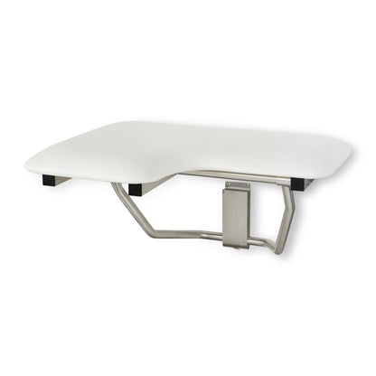 Seachrome Lift-Assist Shower Seat, L-Shaped Right-Hand, ADA, Wall Mount, Padded White Naugahyde