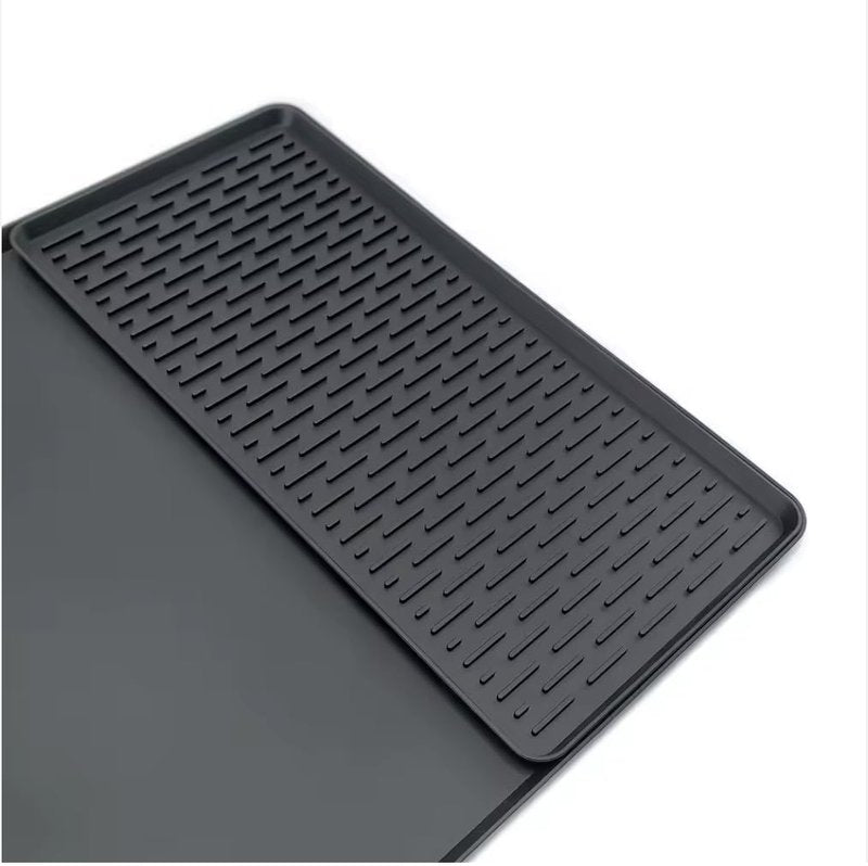 Silicone Coffee Mat 24x16 with Detachable Drying Tray - Waterproof, Dishwasher Safe, BPA Free, Non-Slip Heat Resistant Countertop Protector for Coffee Maker & Bar, Black