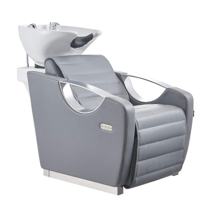 Dir Beauty Salon Shampoo Backwash Unit with Tilting Ceramic Sink Station and Electronic Adjusting Footrest Victoria, Gray