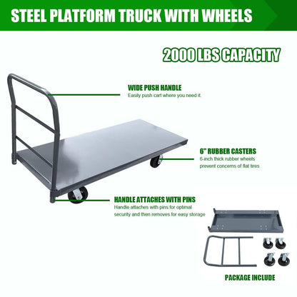 Fworkleft Steel Platform Truck 2000 lb Capacity, 60" x 24" Heavy Duty Flatbed Push Cart with Smooth Deck, Industrial Platform Dolly for Warehouse & Commercial Use