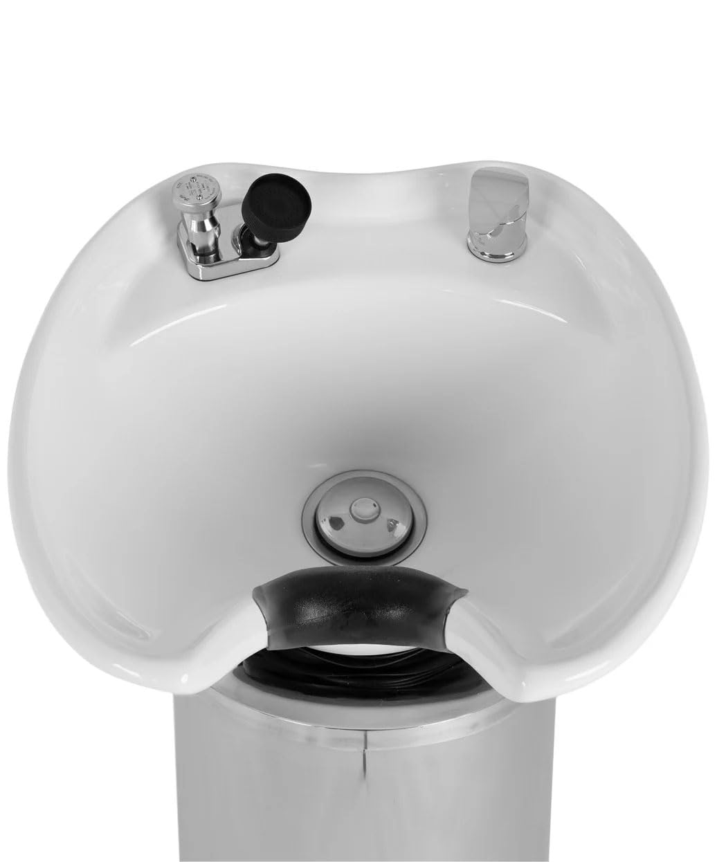 Buy-Rite Paris Pedestal Shampoo Unit with stainless steel base, white tilting porcelain bowl, faucet, spray hose, drain, and vacuum breaker – durable professional salon equipment.