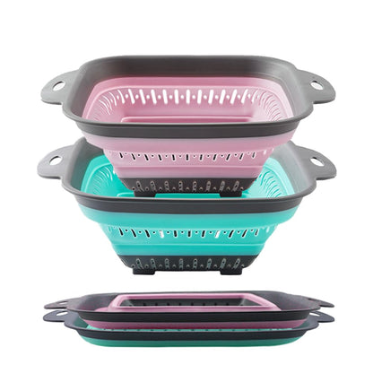 Collapsible Colander Set, Square Round Triangles Silicone Kitchen Strainer Perfect for Draining Pasta Vegetable fruit 2 PCS (10.8"L x 8.6"W x 2"H, Red & Green)
