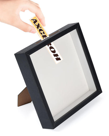 8"x8" Shadow Box Display Frame with Slot,Top Loading Adventure Archive Case, MDF & Acrylic Panel, for DIY 3D Travel Memories Tickets Pictures Dry Flowers Awards Medals Piggy Bank, Black