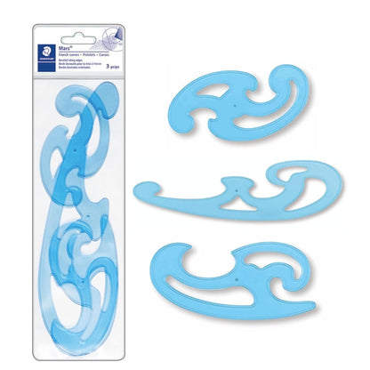 STAEDTLER Mars Professional French Curve Design Ruler Set for Pattern Making 12-Pack (6 Sets of 3 pcs), 3 Essential A B C Shapes, Blue Transparent Plastic with Inking Edge, 18 Count