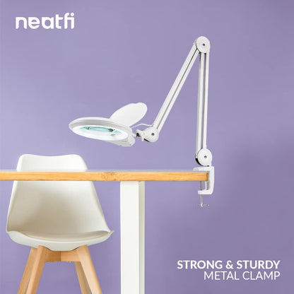 Neatfi LED Bifocal Magnifying Lamp 1,200 Lumens – 5” Glass Lens, Dual Magnification 3X/6X, Dimmable Task Light | Adjustable Arm with Clamp | Crafting, Jewelry & Reading (8 Diopter + 20 Diopter, White)