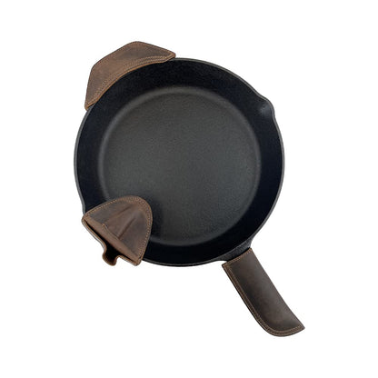 Hide & Drink, Set of 3 Rustic Hot Handle Holders, Panhandle, Side Kick & Grip Mitt, Assist Grip for Cast Iron Skillets & Pans, Full Grain Leather, Handmade, Bourbon Brown